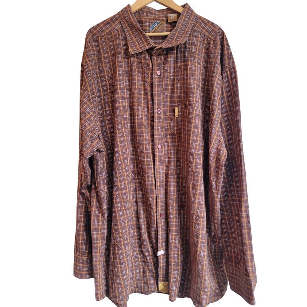 Mecca Mens Button-Up Collared Long Sleeve Shirt 5X Brown Plaid Windowpane Y2K